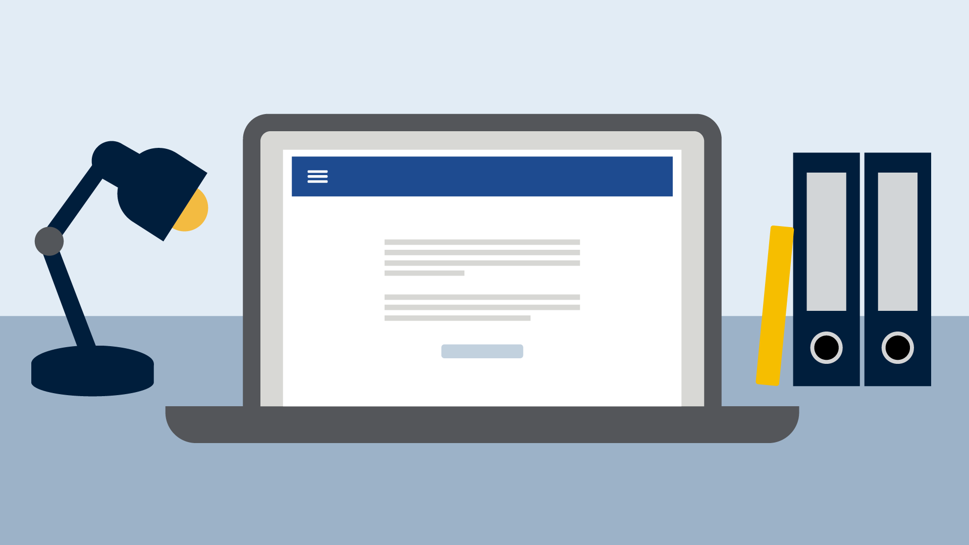 Illustration of a laptop displaying a webpage, with a desk lamp on the left and folders on the right.